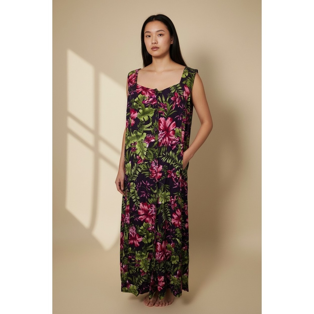 Erika Rayon Dress Size Small Midi Hawaiian Button Down Vintage Sleeveless